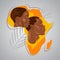 Portrait of an African man and woman on the background of the silhouette of the continent of Africa. Palm branch