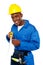 Portrait of african repairman with measuring tape