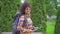 Portrait african woman tourist with an afro hairstyle looking into the camera