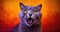 Portrait of an aggressive gray cat with an open mouth in a red background. Generative AI