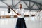 Portrait of aikido sensei master with wooden sword at group training