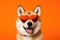 Portrait Akita Dog With Heart Shaped Sunglasses Orange Background