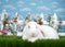 Portrait Albino Lop bunny in flower garden