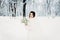 Portrait of an amazing bride. Bouquet, snow, winter.