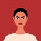 Portrait of an angry Asian woman. Grumpy girl. Feeling anger. Full face portrait in flat style