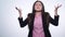 Portrait of angry long-haired woman negatively shaking head saying no waving hands in denial over white background