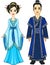 Portrait of an animation Chinese family in traditional clothes. Full growth.