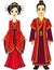 Portrait of an animation Chinese family in traditional clothes. Full growth.