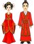 Portrait of an animation Chinese family in traditional clothes. Full growth.