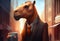 Portrait of an anthropomorphic camel businessman roaming the city streets. Generate Ai.