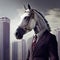 Portrait of an anthropomorphic horse businessman roaming the city streets. Generate Ai.