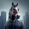 Portrait of an anthropomorphic horse businessman roaming the city streets. Generate Ai.