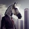 Portrait of an anthropomorphic horse businessman roaming the city streets. Generate Ai.