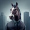 Portrait of an anthropomorphic horse businessman roaming the city streets. Generate Ai.