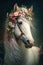 Portrait Arabian white Horse with Flowers, Rococo Luxury Art. Poster Generative AI