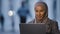 Portrait arabic islamic muslim business woman girl international student speaks video chat conference using laptop