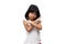 Portrait of Asian angry and sad little girl on white isolated background, The emotion of a child when tantrum and mad, expression