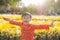 Portrait of a Asian boy on traditional festival costume. Cute little Vietnamese boy in ao dai dress smiling. Tet holiday. Lunar