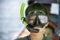 Portrait Asian Boy wearing scuba diving Background sea