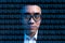 Portrait of asian businessman with lines of code on his face. Concept of human being digitized in the future