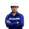 Portrait of an asian engineer with white safety helmet standing isolated on white background