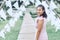 Portrait of asian happy woman smilling with nature garden , Selective focus