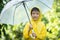 Portrait Asian kid holding an umbrella with raindrops. Happy Asian little child boy having fun playing with the rain in the