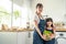 Portrait of Asian mother stand with daughter and hold vegetables bowl. Happy Family, attractive parent mom and young little girl