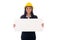 Portrait of asian smiling woman architect holding white board. Isolated portrait of woman engineer