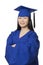 Portrait of Asian woman wearing graduation gown on white backgro