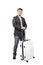 portrait asian younger business man and traveling luggage standing isolate white background