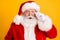 Portrait of astonished santa claus look see x-mas magic miracle newyear discounts impressed touch white gloves specs