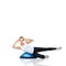 Portrait of athlete, ball or core exercise in workout for abs or core development on white background. Woman, training