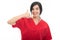 Portrait of attractive female nurse making calling gesture