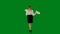 Portrait of attractive office girl on chroma key green screen. Woman in skirt and blouse walking reading paper documents