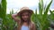 Portrait of attractive small girl looking into camera and straightening her straw hat against the background of corn