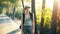 Portrait of Attractive tourist girl smiling and looking into camera while walking and hiking beautiful forest