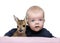 Portrait of baby boy with Fallow Deer Fawn