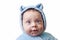 Portrait of a baby in a fun hood with ears