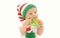 Portrait of baby in knitted gnome winter hat biting rattle toy over white background