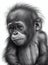Portrait of a baby orangutan, pencil drawing, black and white digital illustration, of an ape, monkey