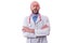 Portrait of a bald doctor with beard, wearing white coat, red glasses and matching color stethoscope and blue shirt.