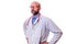 Portrait of a bald doctor with beard, wearing white coat, red glasses and matching color stethoscope and blue shirt.