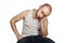 Portrait a bald guy in a white t-shirt sits on a chair and thinks about problems with money, loneliness, payments, work and