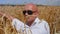 Portrait of a bald man with sunglasses against the background wheat field. A man sits and touches a wheat ear in the