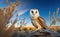 Portrait of a barn owl, blurred blue sky and tree branches background, generative AI