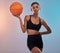 Portrait, basketball and black woman isolated on gradient background for workout, training and body goals. Young Indian