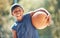 Portrait, basketball and happy black boy ready to train outside for fitness, health and wellness. Sports, childhood and