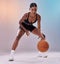 Portrait, basketball player or black woman isolated on gradient background in action, challenge and body workout. Indian