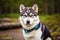 Portrait of a beautiful Alaskan husky dog in the park. Siberian Husky dog with blue eyes in winter forest. Generative AI